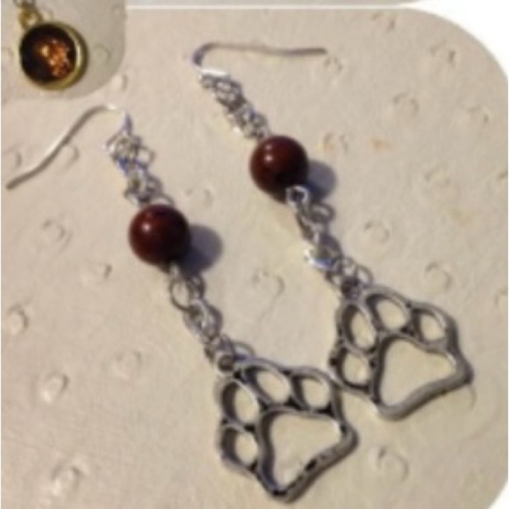 Dog paw earrings with genuine Tiger's Eye crystal earrings